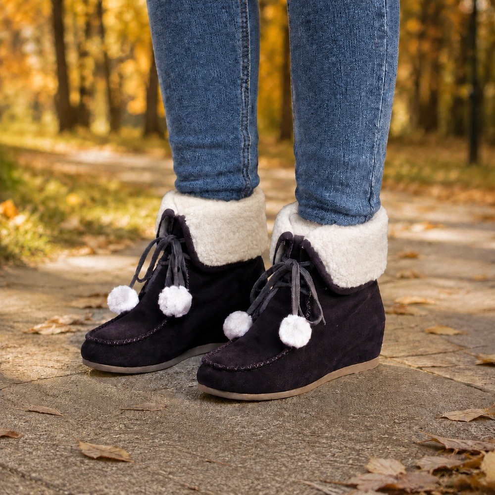 Forleria Brown Suede Moccasin Wedge Boots Pom Pom Shearling Trim Ankle Boot